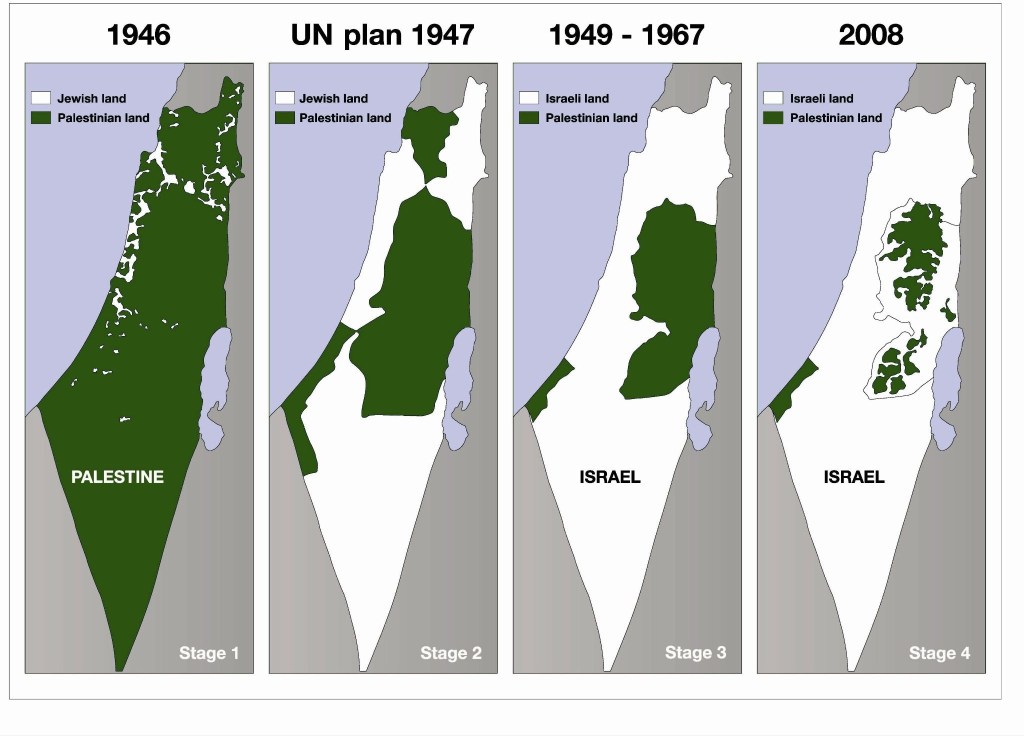 Four vertical rectangles show a map image of Palestine portraying the portion of land that is Palestinian. The left-most rectangle, stage 1, shows Palestine in 1946; it is mostly green (denoting Palestinian land) with a few small white spots (denoting Jewish land). The next box to the right, stage 2, shows the UN plan 1947, depicting Palestinian land (in green) greatly reduced to the regions around Gaza and the West Bank. The third rectangle, stage 3, depicts the period of 1949-1967; here, Palestinian land (in green) is even further reduced. The final rectangle, stage 4, depicts 2008, where Palestinian land is confined to Gaza and a carved-out West Bank, where the green appears almost as archipelagos, slightly disconnected from one another. ]